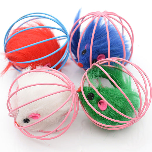 Fur mouse toy detail inside the wire cage
