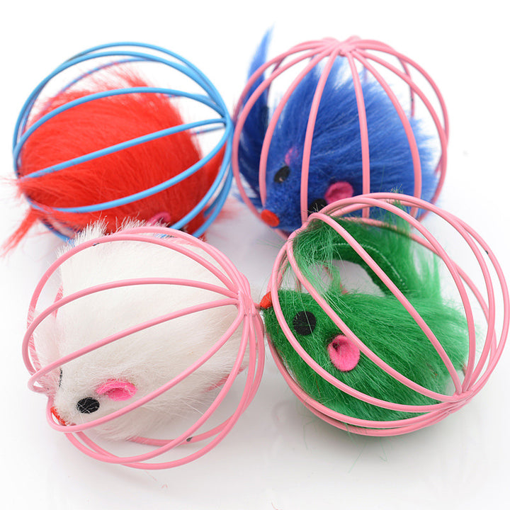 Fur mouse toy detail inside the wire cage