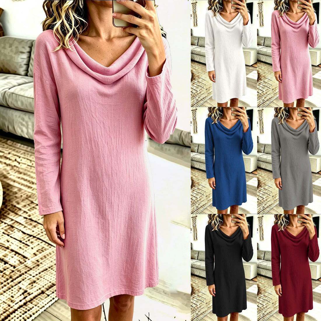 Women's Solid Color Woven Swing Collar Long-Sleeve Mid Dress