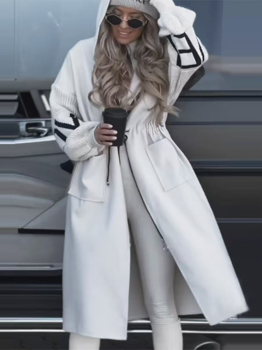 Women's Casual Hooded Long Patchwork Zip-Up Coat
