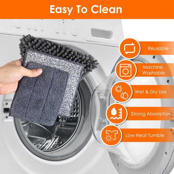 Reusable mop pad shown with washing machine and feature icons