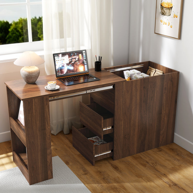 Modern Computer Desk with Drawers and Extendable Workstation