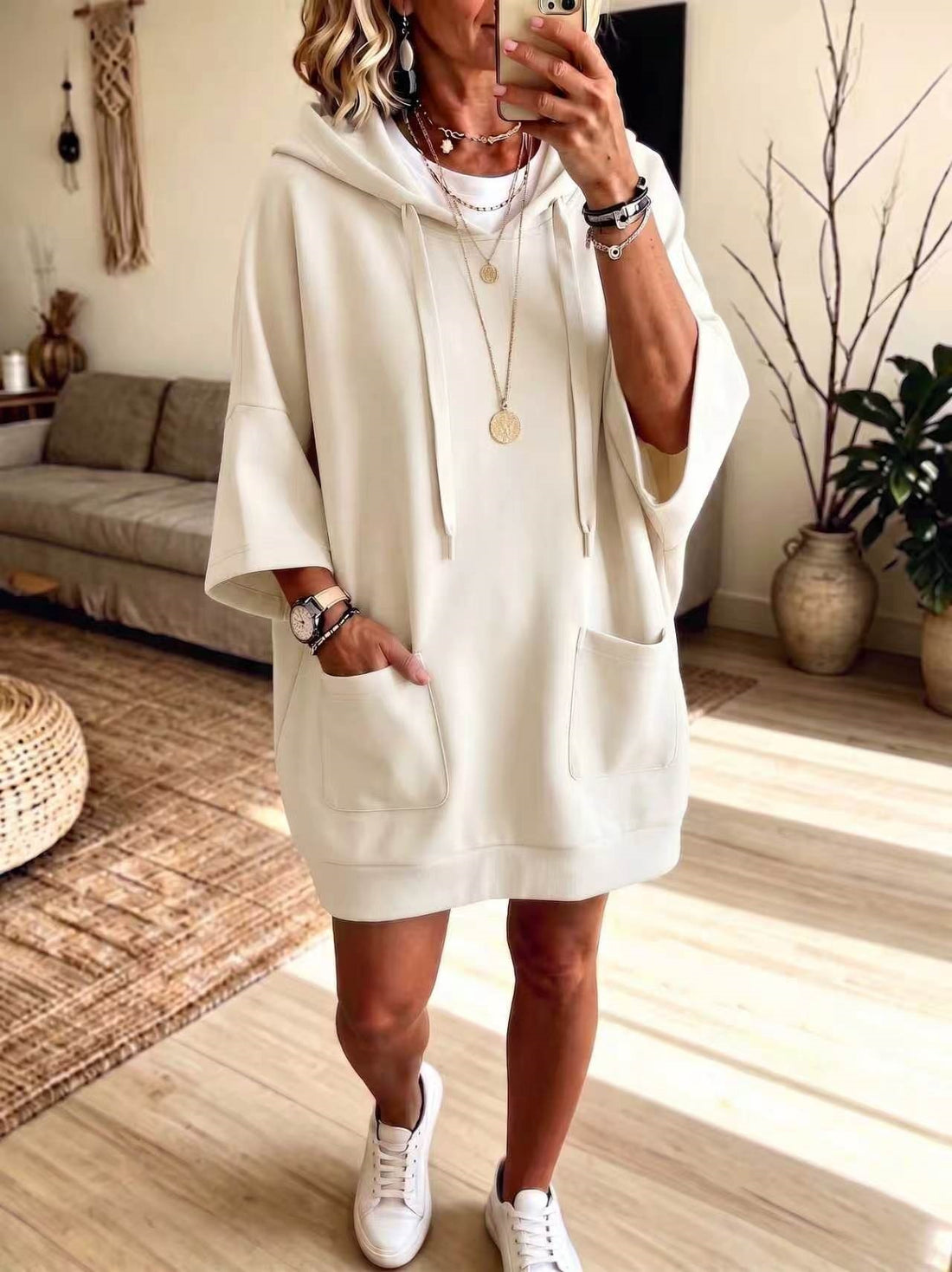 Women's casual solid-color long-sleeved hooded hoodie