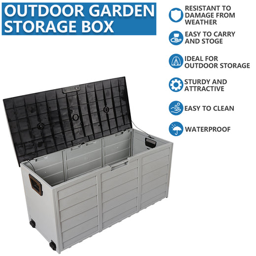 Patio storage box used as a poolside cushion cache