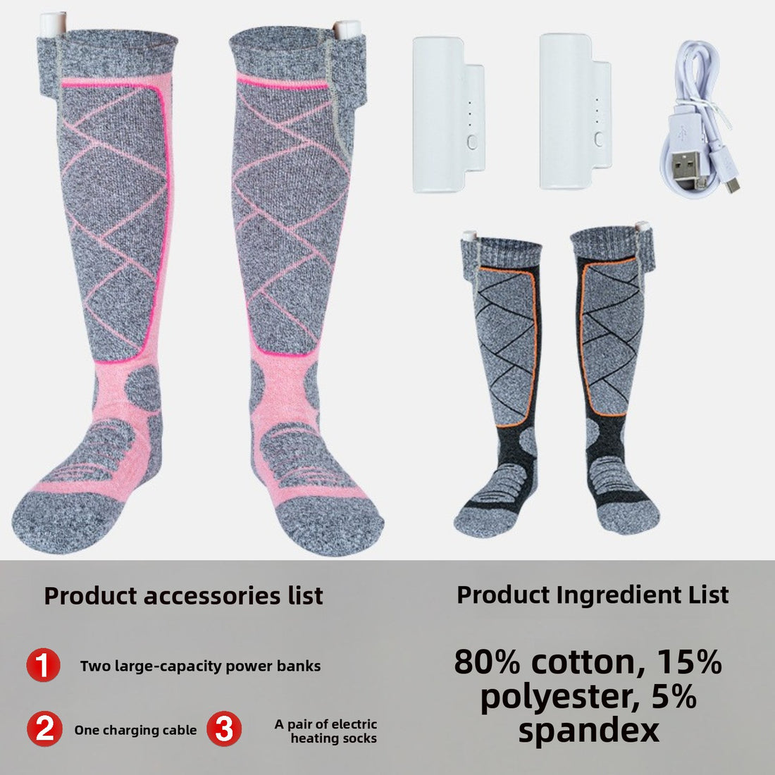 Orange and pink rechargeable electric heated socks with battery pack, photo 3