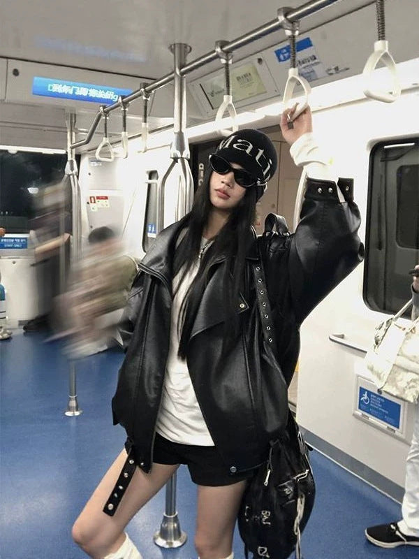 Lady's retro motorcycle PU leather jacket