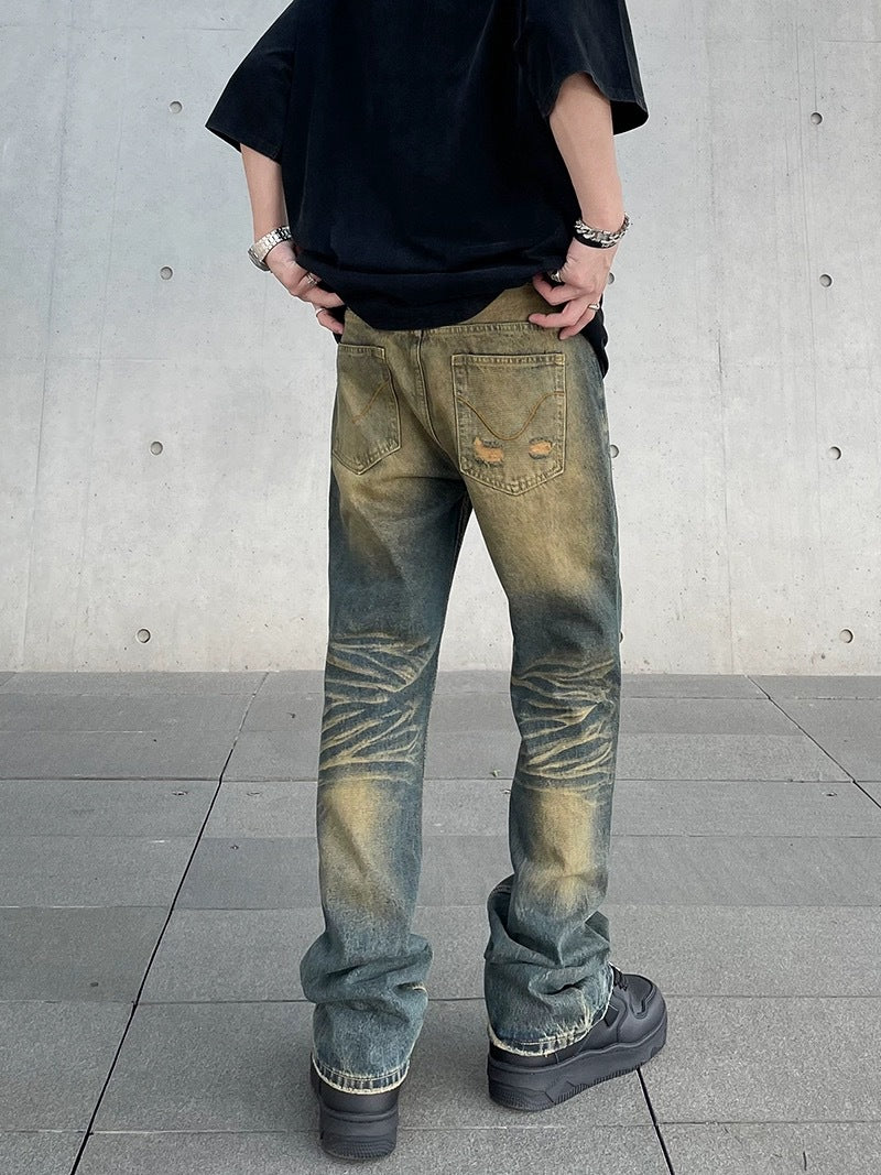 Distressed yellow mud-dyed washed jeans straight-tube micro-pants