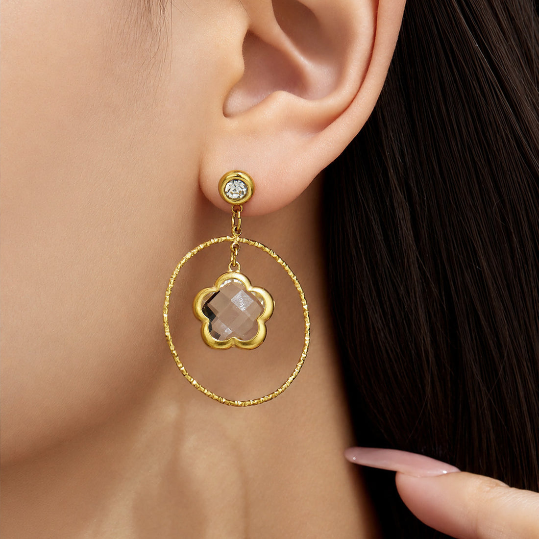 Large circle flower-shaped glass stone long earrings