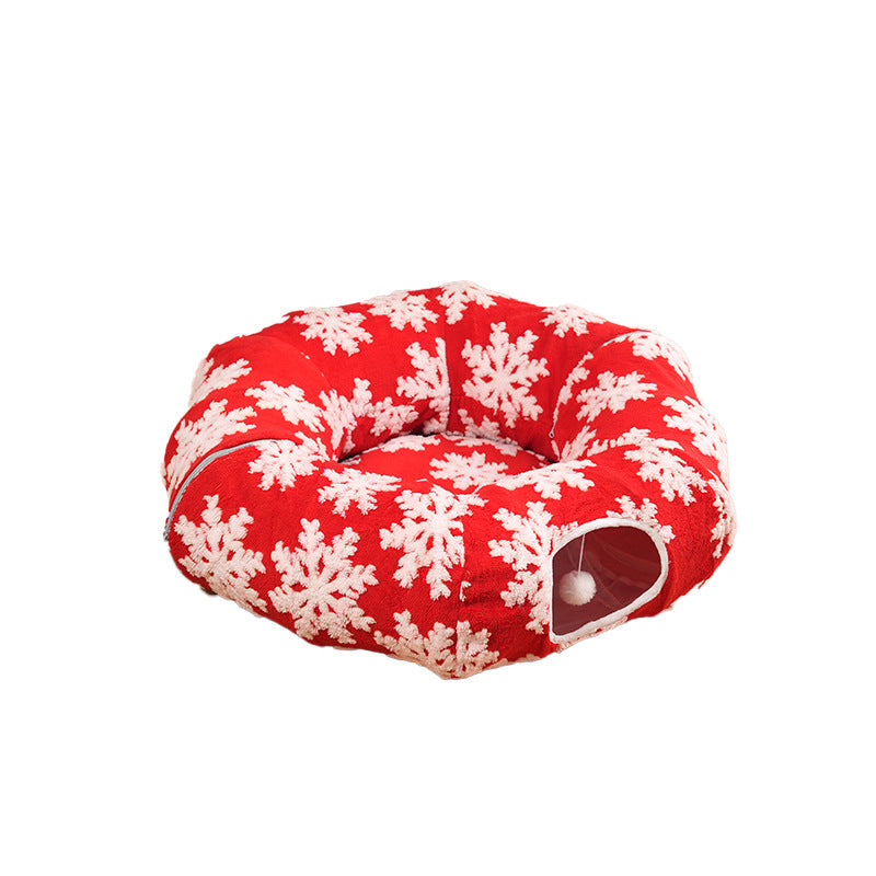 Christmas Cat Tunnel Bed – Red Snowflake Foldable Donut Bed with Play Tunnel