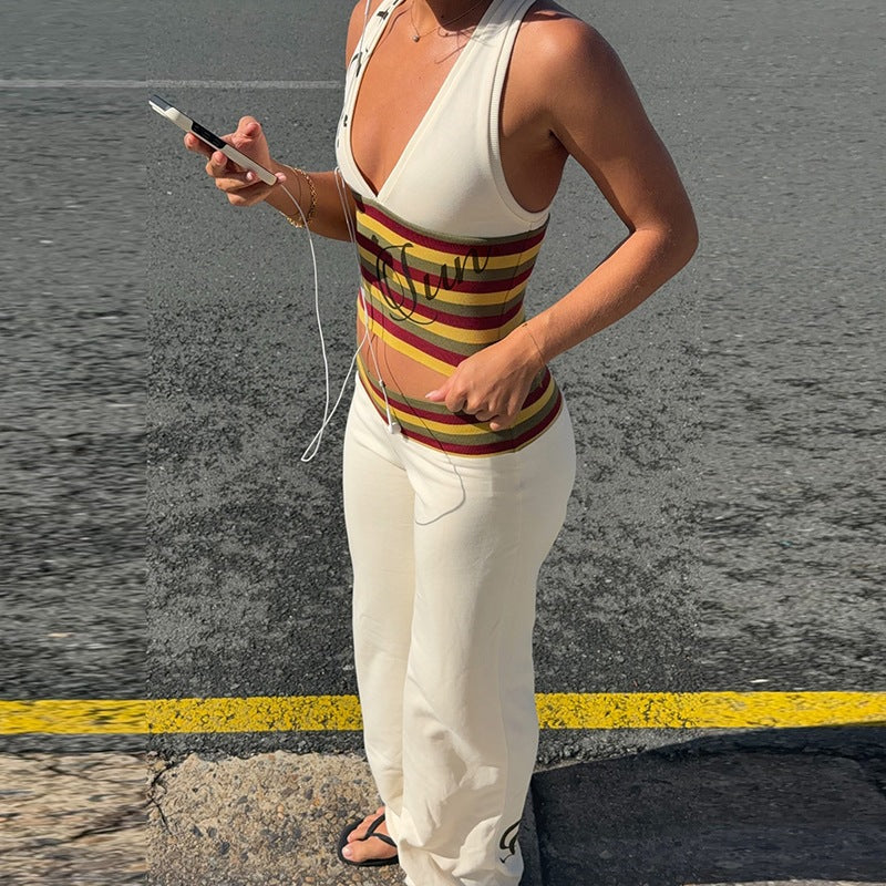 Womens V-neck Crop Top and Flared Pants Set