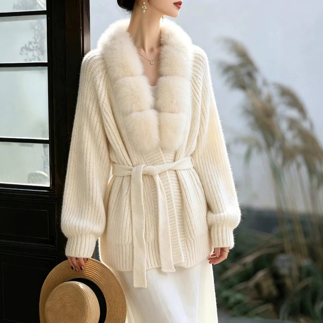 Women's Detachable Fox Fur Collar Knitted Fur Coat