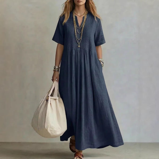 Women's V-Neck Pleated Cotton Linen Dress
