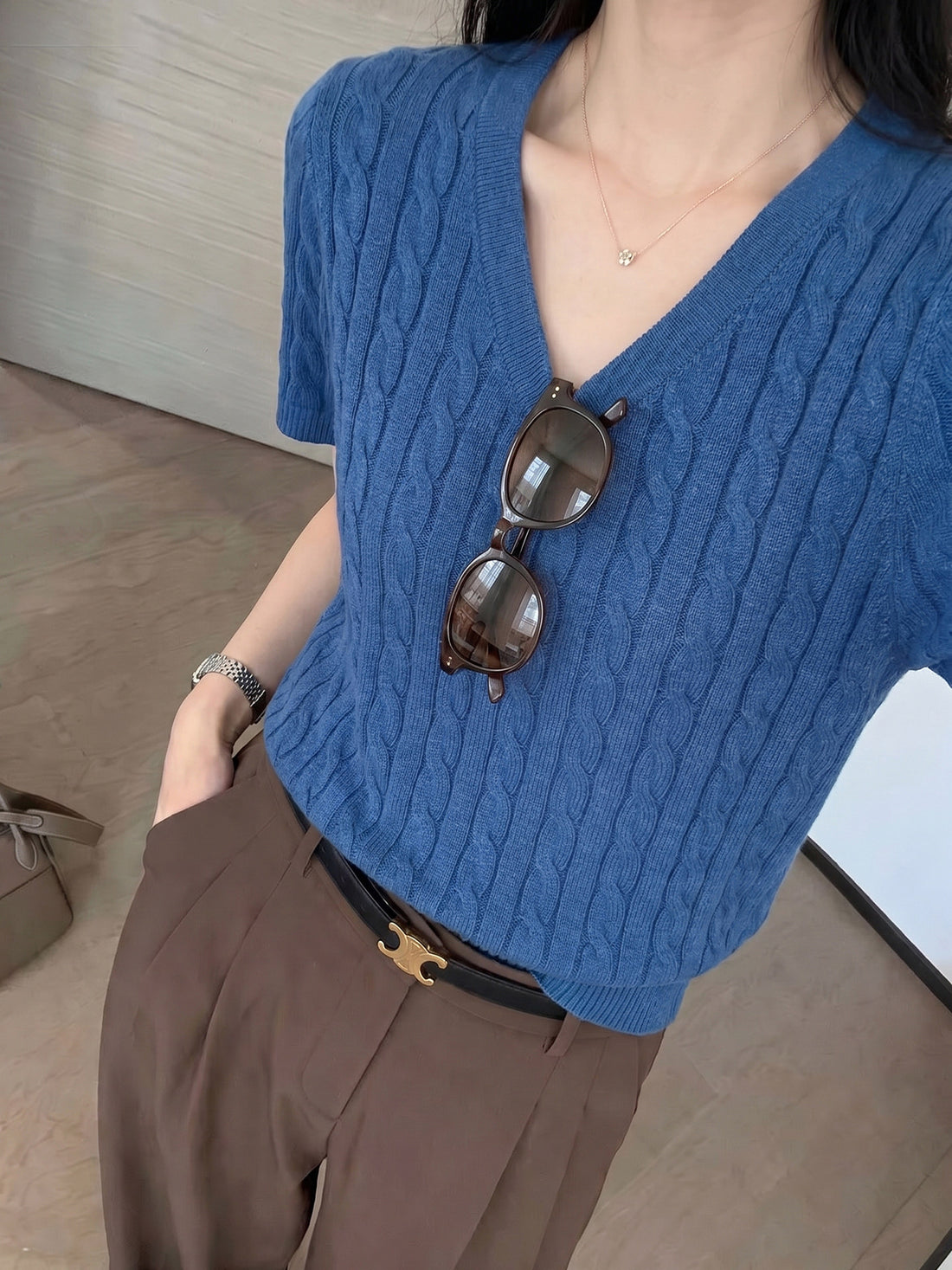 Women V-Neck Twist Knit Short Sleeve Slim Fit Summer Top