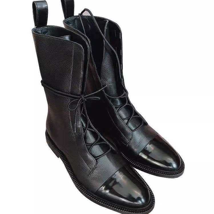 Martin Women's Boots Spring & Fall New British Style Pu Thin Lace-Up Round Toe Square Heel Mid-Heel Handsome Short Boots
