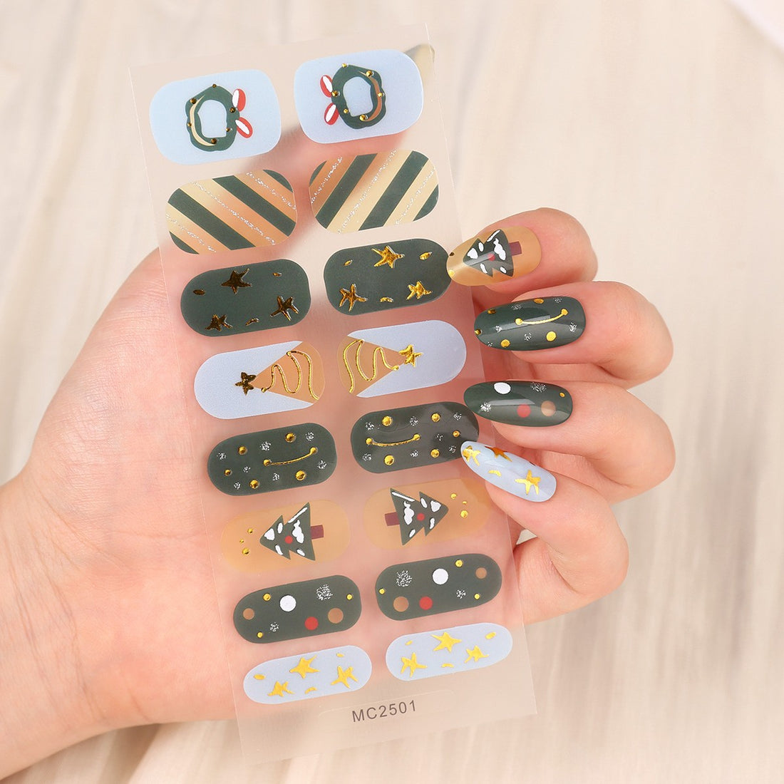 16-Finger French Christmas No-Bake Gel Nail Stickers Self-Adhesive Nail Polish Film Manicure Decals