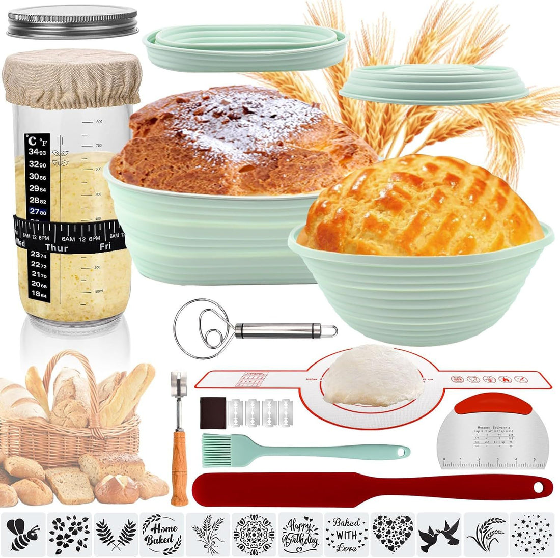 Silicone Bread Fermentation Basket Set, Household Baking Tools Including Scraper, Brush, Dough Beater, Fermentation Jar, Mold