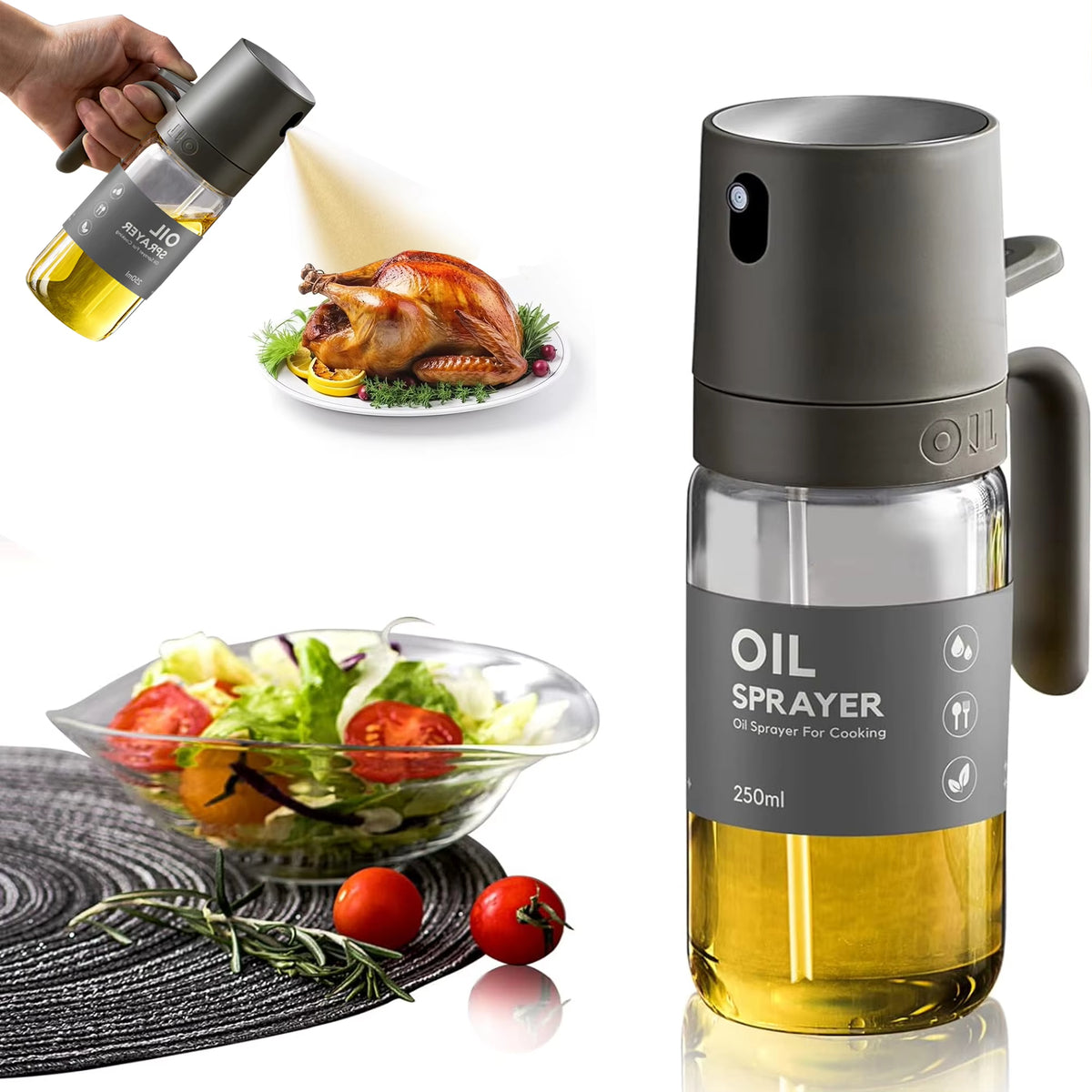 Refillable olive oil sprayer bottle with clear glass and black pump