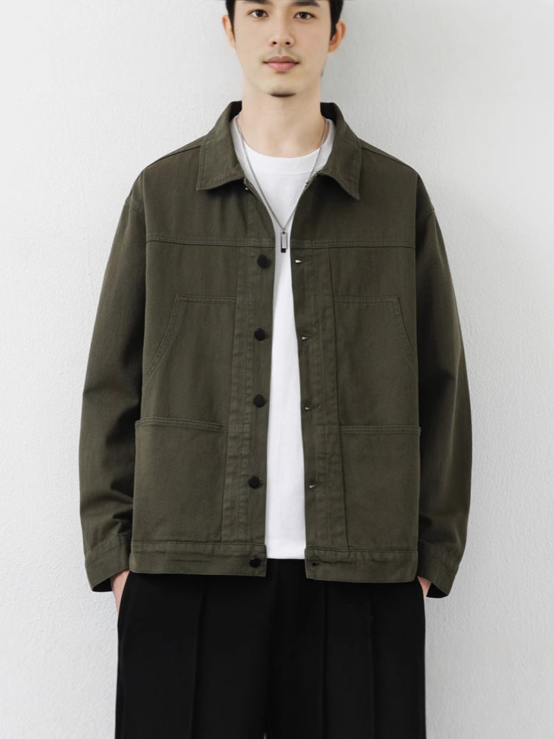 Men's Pure Cotton Lapel Jacket Solid Color Long Sleeve Casual Loose Coat