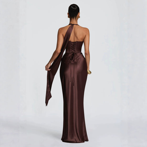 Fashion Elegant Satin Halter Neck Ribbon Backless Cross-Tie Floor-Length Fishtail Gown Dress