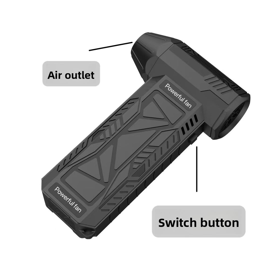 Black handheld turbo fan with air outlet and switch button callouts