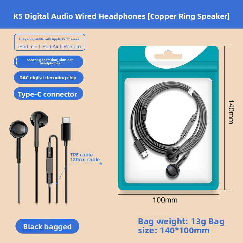Type-C Digital Audio DAC Wired Earphones with Inline Control