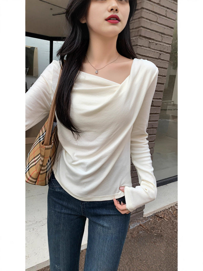 Pure Desire One-Shoulder Collar Long-Sleeved Knit Tight Inner Base Top