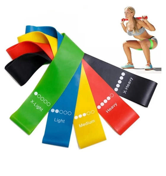 Resistance loop bands labeled X-Light to X-Heavy with a woman squatting