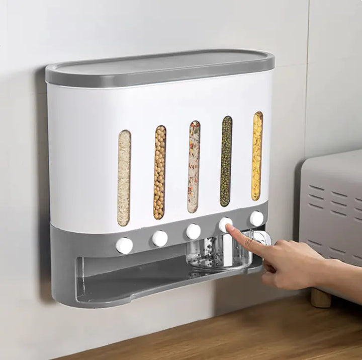 Wall-mounted rice and grain dispenser installed in a kitchen