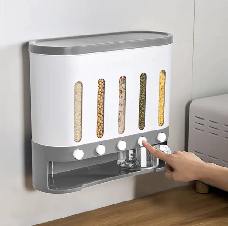 Wall-mounted rice and grain dispenser installed in a kitchen