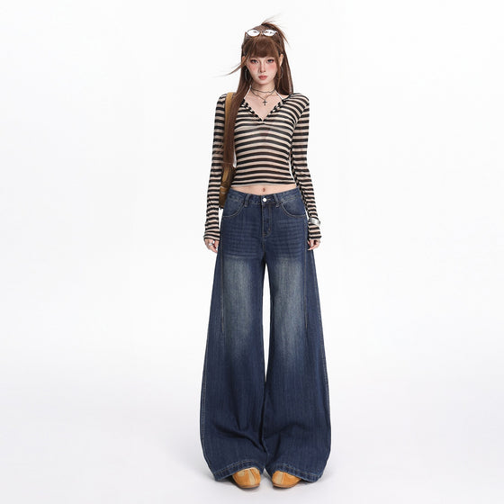 Women's Retro Blue Bamboo Pattern Straight-Leg Floor-Length Jeans
