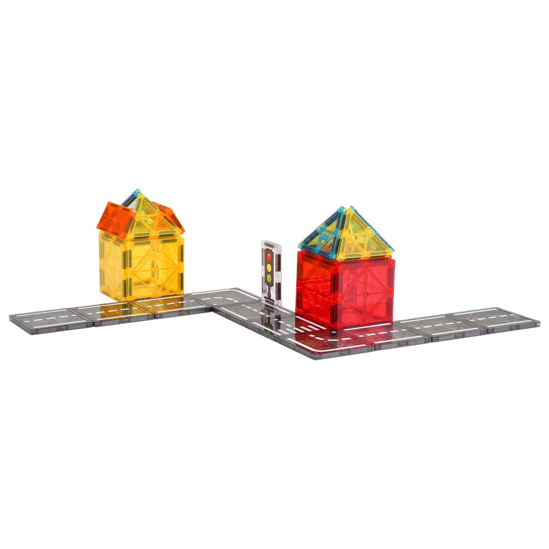 Magnetic tile houses built along gray magnetic road tiles with a traffic light