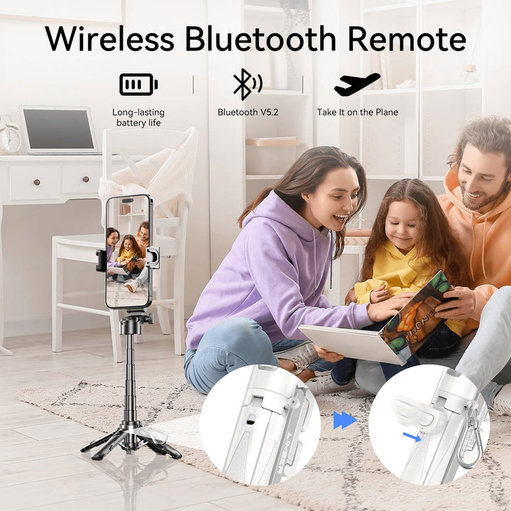 Selfie stick tripod with wireless remote, fully extended