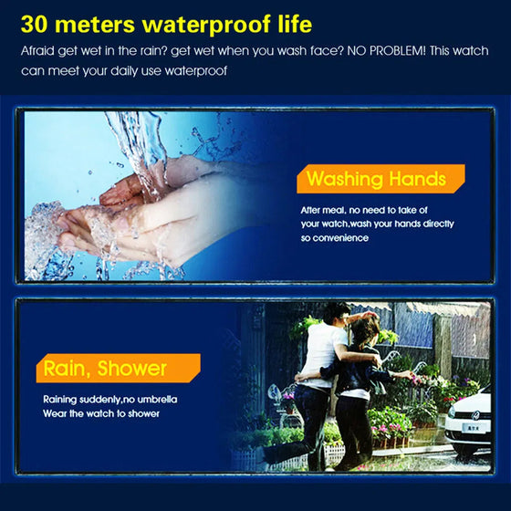 Digital watch water resistance graphic showing hand washing and rain