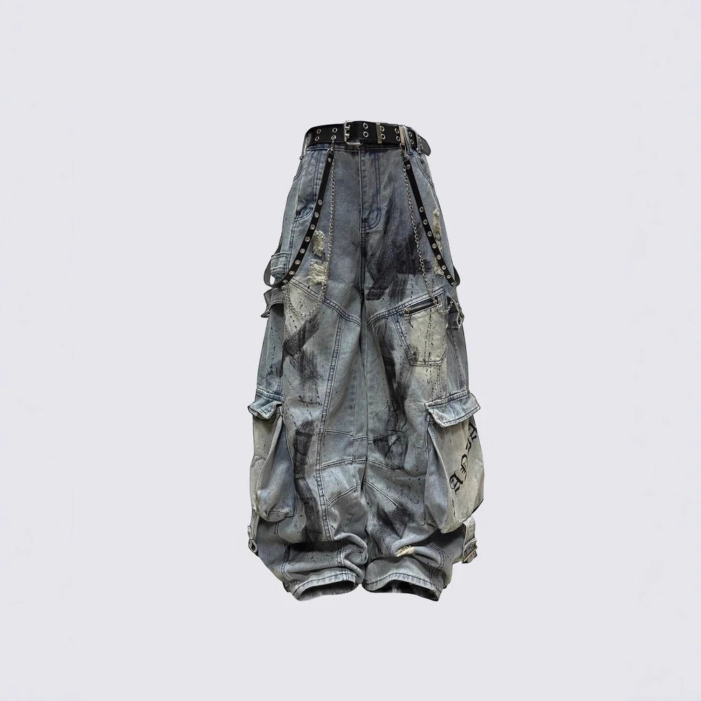 Men's Deconstructed Patchwork Multi-Pocket Ripped Wide-Leg Jeans