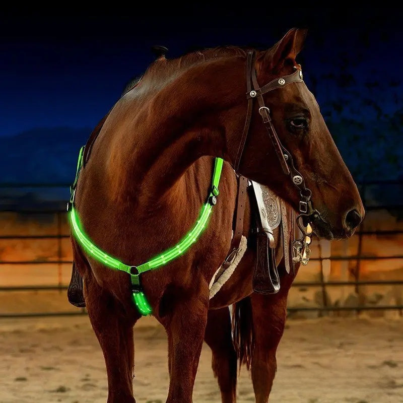 LED Light Up Adjustable Horse Chest Strap Rechargeable Nylon Safety Equestrian Gear with Flashing Modes