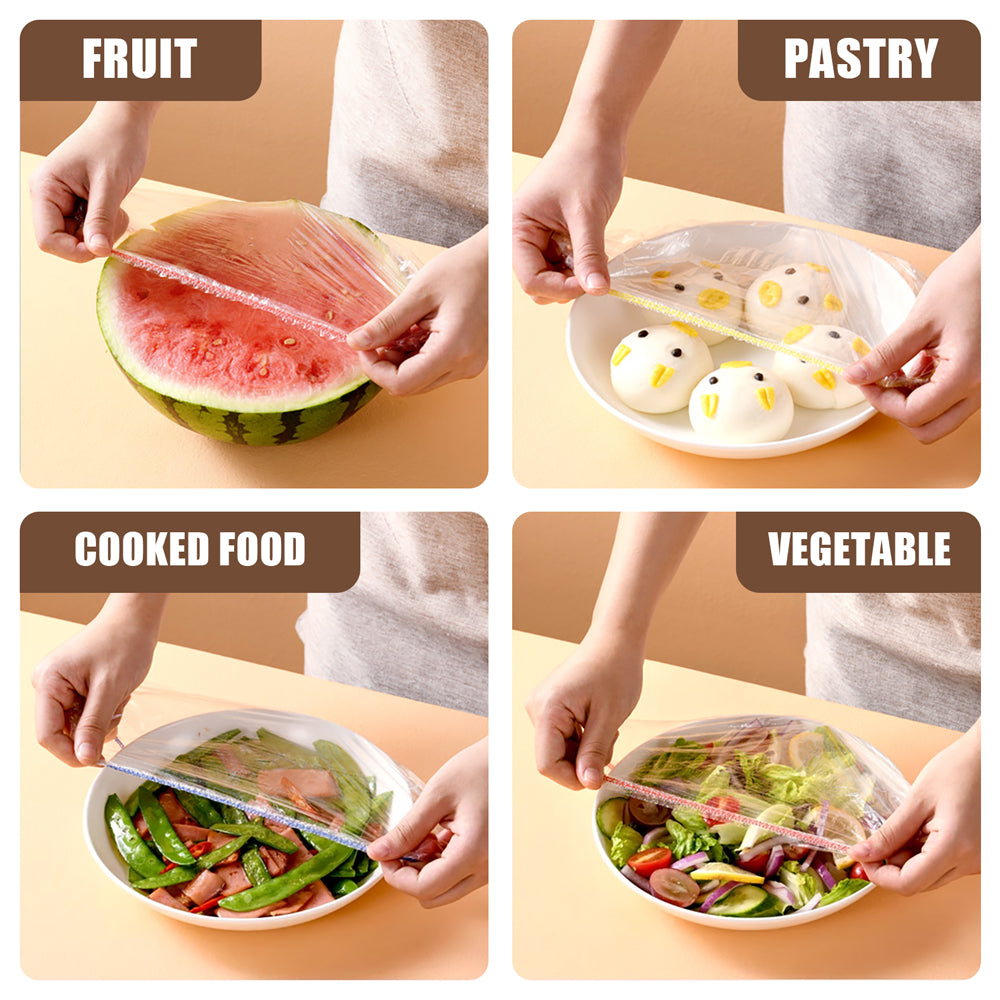 Elastic food covers on mixing bowls of various sizes