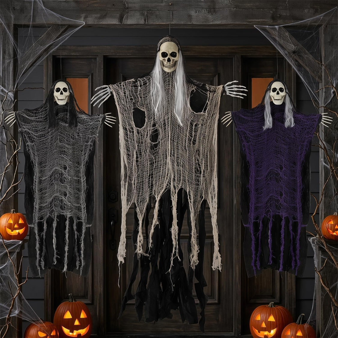 Hanging ghost and grim reaper Halloween decorations