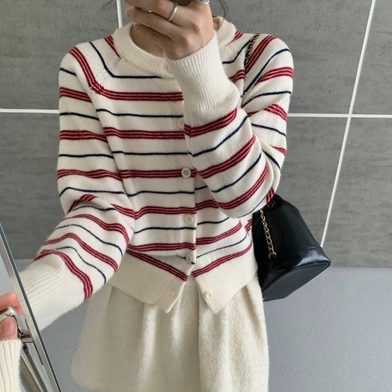 Women Retro Color Block Striped Knit Cardigan Round Neck Long Sleeve Slimming Sweater