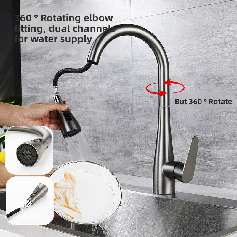 304 Stainless Steel Pull-Out Kitchen Sink Faucet with Universal Rotation Gunmetal Gray