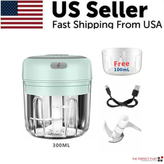 Green mini chopper with USB cable, blade and extra bowl under a seller banner
