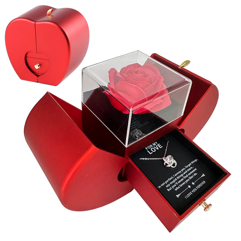 Red apple eternal rose jewelry gift box open with rose, drawer and love message card