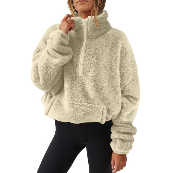 Womens Plush Fleece Half Zip Stand Up Collar Sweatshirt