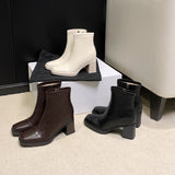 Women's Retro Square Toe Short Boots with Invisible Height Increase