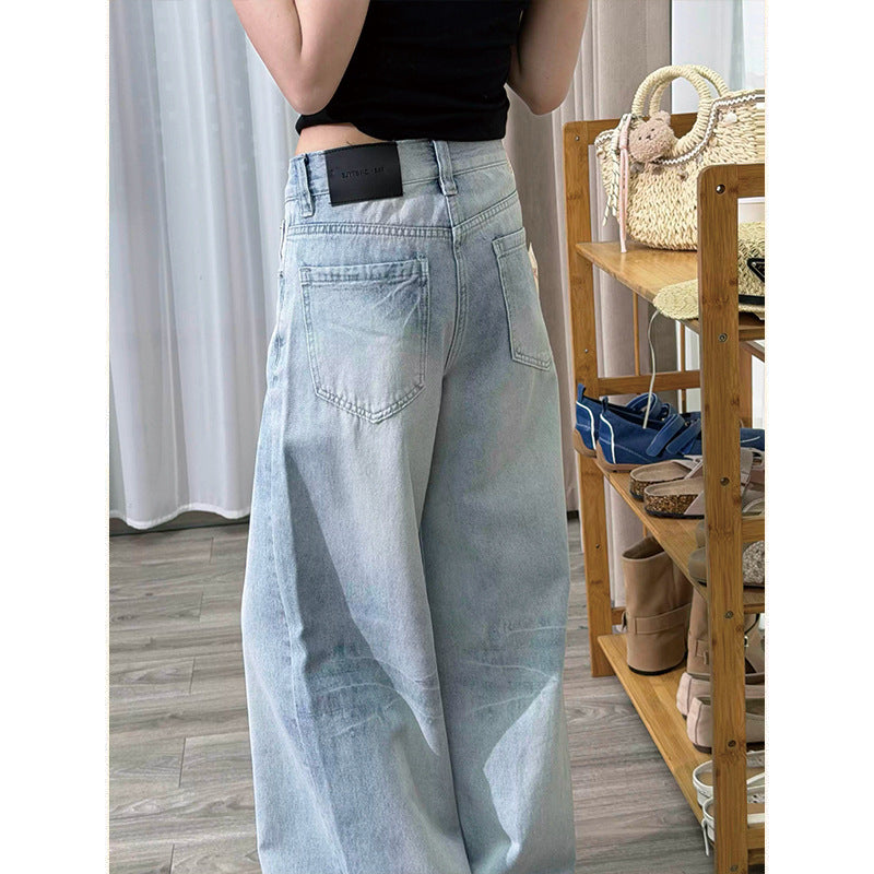 Retro Blue High-Waist Wide-Leg Distressed Denim Jeans for Women