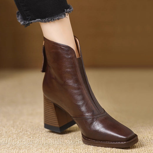 Women Retro Square Toe Chunky Heel Ankle Boots