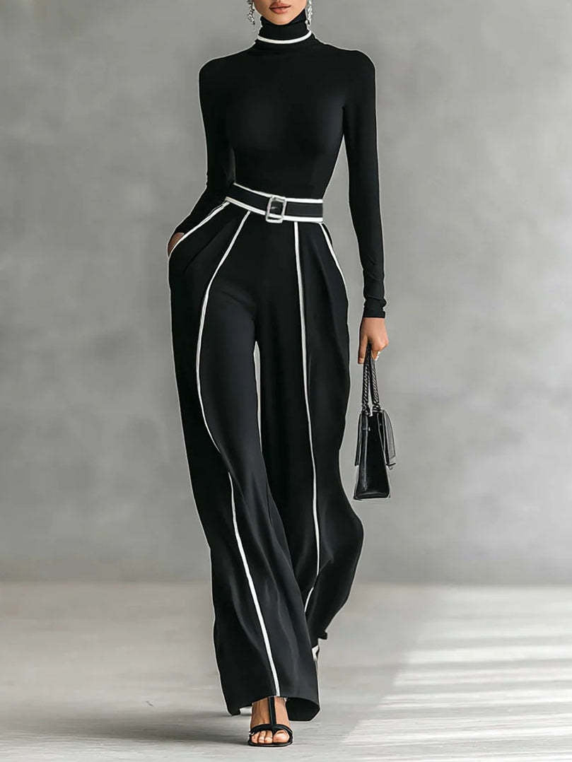 Black knit stand-collar top and wide-leg pants two-piece set, photo 1