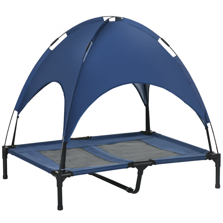 Elevated outdoor dog bed with canopy and foldable stand