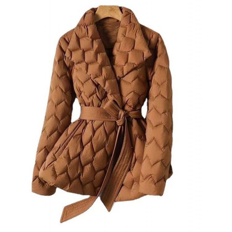 Women's belted geometric pattern padded coat with hood, photo 3
