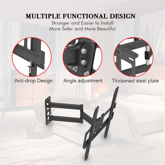 TV mount close-ups of anti-drop design, angle adjustment and steel plate