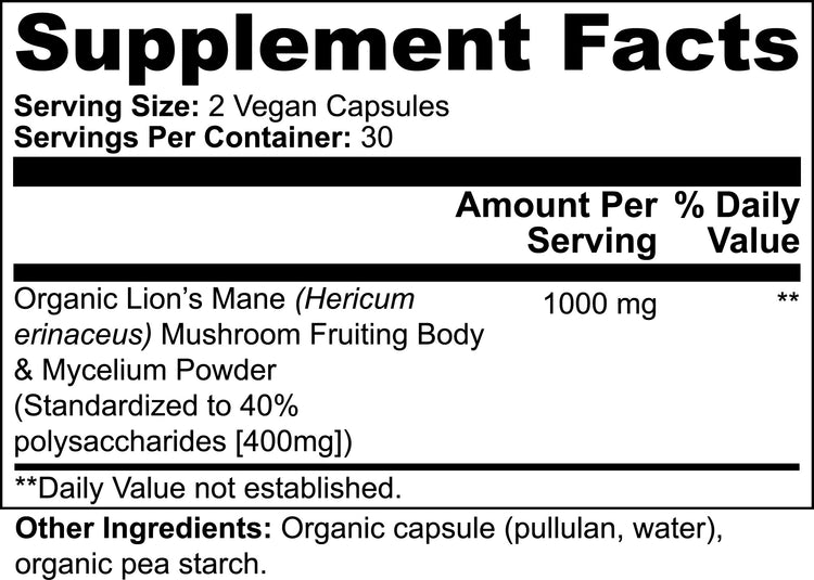 Lions mane supplement bottle label detail